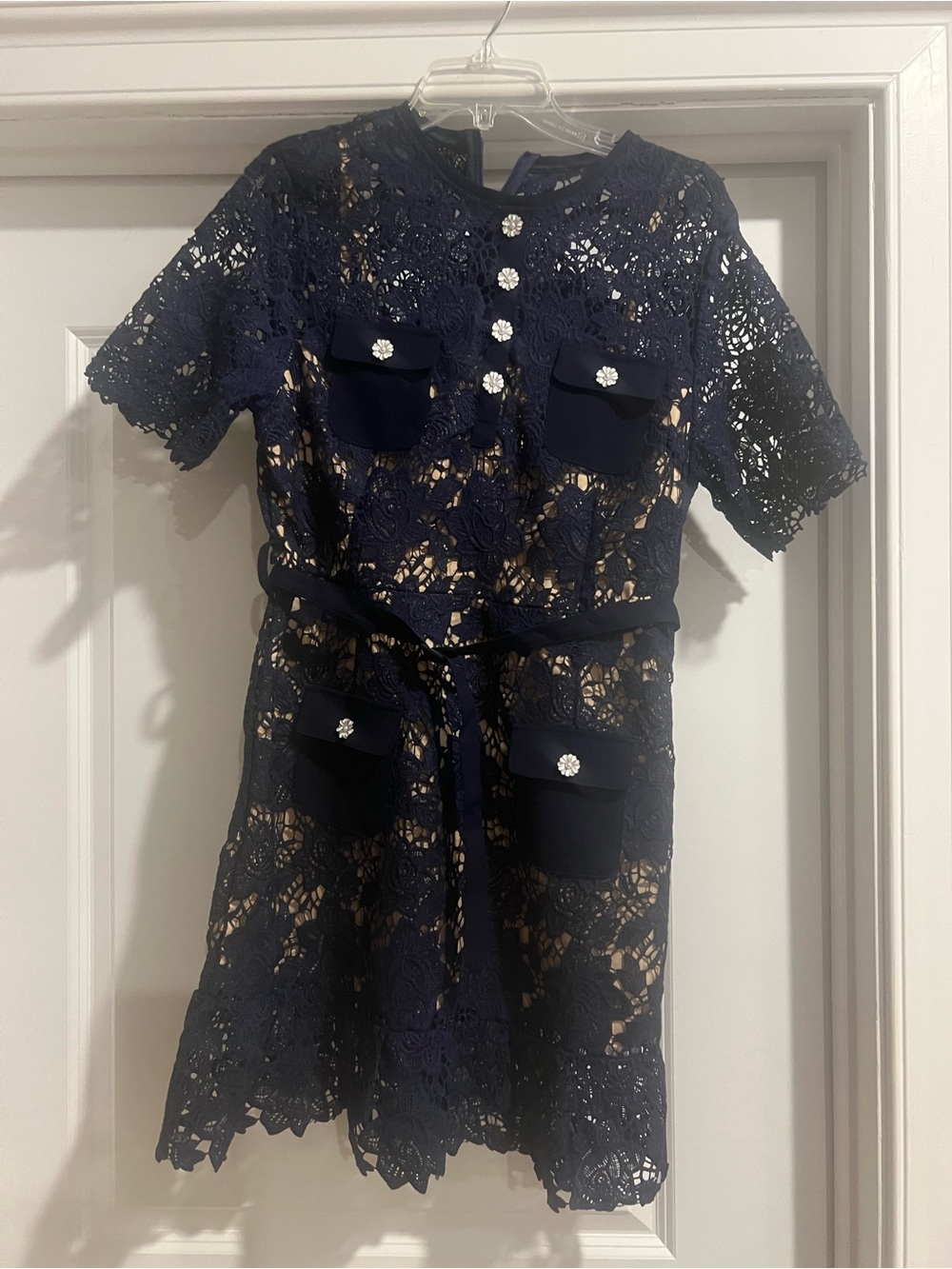 Navy Lace Short Sleeve Dress with flower button